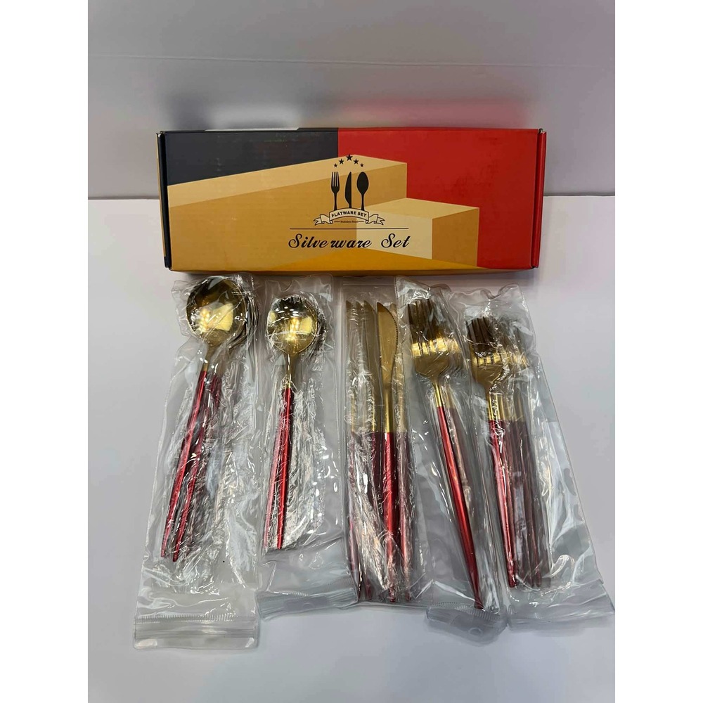 30-piece Gold‎ Red Stainless Steel Flatware Set Modern Silverware Dining Set New